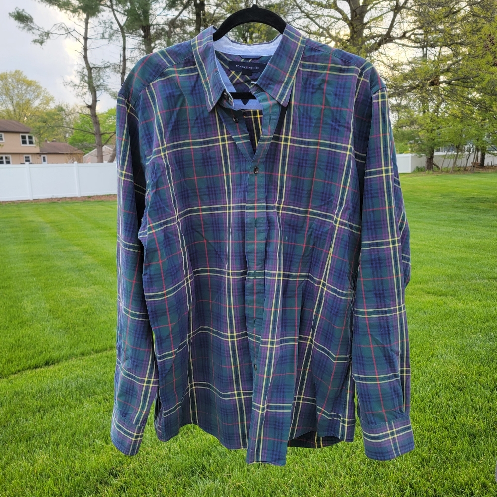 Tommy Hilfiger Blue Green Plaid Collared Button Down Up Men's Dress Shirt Large